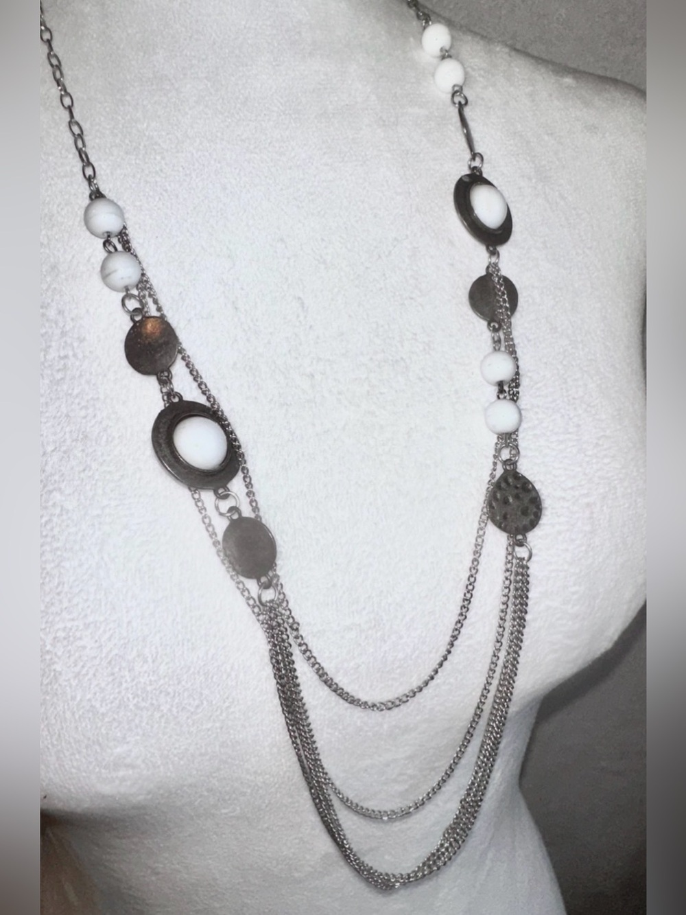 #JC15 Gunmetal Layered Necklace with White Bead Accents - Length 16”
